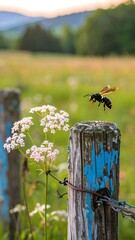 Wasp in flight near wildflowers