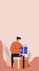 A smiling person opening a gift box, with another present nearby. Represents joy, celebration, and giving. Ideal for holiday, shopping, or reward concepts.