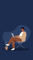 Man working remotely on a laptop in a comfortable setting with a hot drink. Represents flexible work, online learning, and digital productivity.