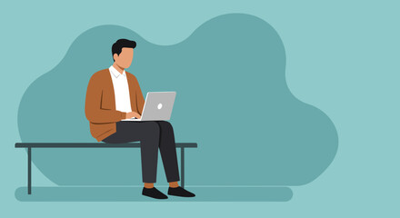 Focused man working on laptop from a bench. Illustrates remote work, online learning, productivity, and modern business or lifestyle concepts.
