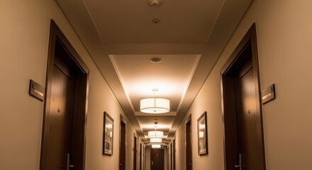 Modern Hotel Corridor with Warm Lighting and Wooden Doors