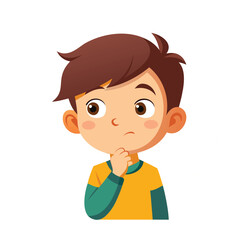 Thoughtful Young Boy Vector Illustration on White Background.