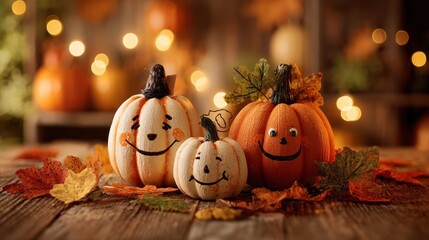 Three smiling pumpkins of varying sizes sit on a rustic wooden surface amidst autumn leaves and a bokeh background of warm lights and more pumpkins