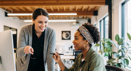 Smiling businesswomen collaborating on computer project in modern office