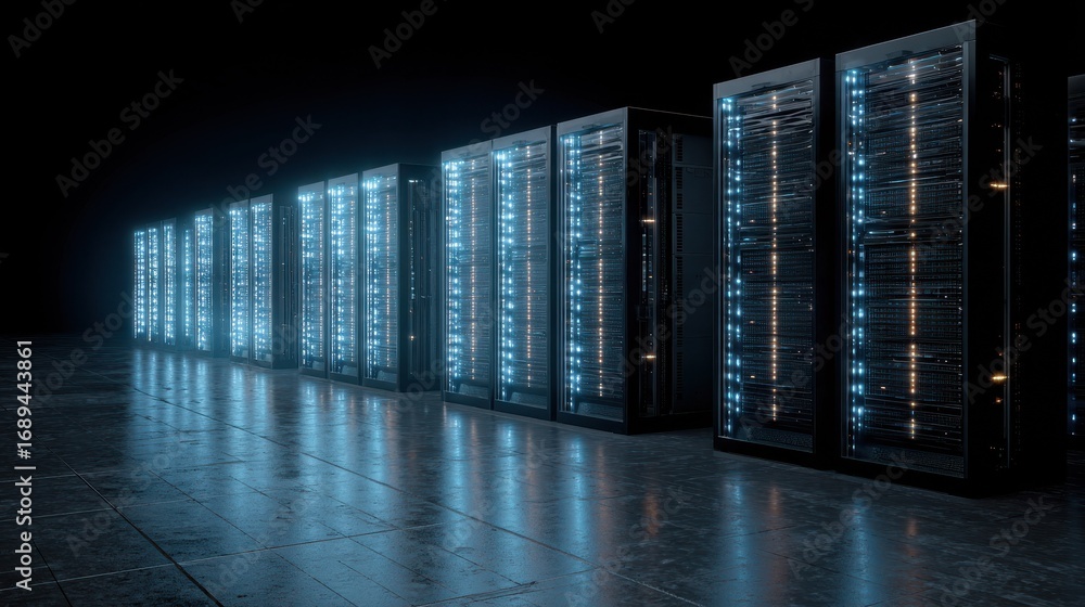 Poster row of illuminated server racks in a dark data center