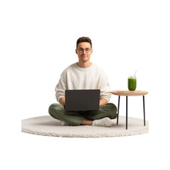 Young Man Working on Laptop from Home, Healthy Lifestyle