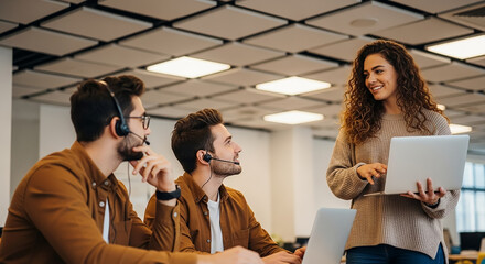Customer service representatives working in modern call center