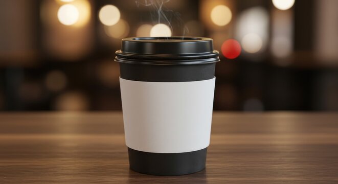 Black coffee cup with blank label on wooden surface