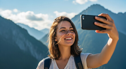 Smiling hiker taking selfie with scenic mountain view in background