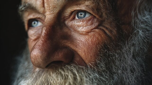 the wisdom in his eyes a closeup portrait of a senior man with a white beard and thoughtful eyes gazing at the distance with a serene expression