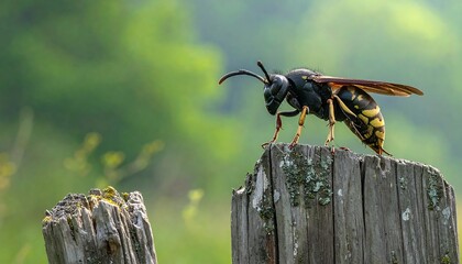 Wasp on a weathered wooden post