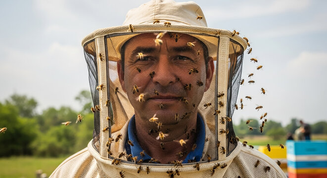 Beekeeper wearing protective suit working with honey bees in apiary