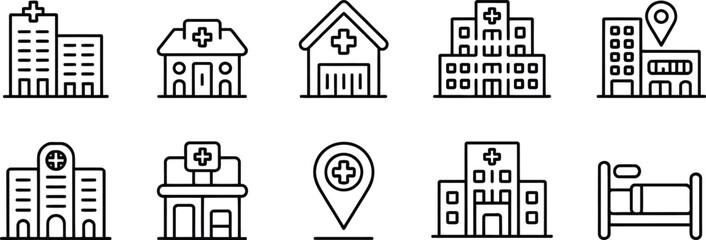 Collection of simple line art icons representing hospitals clinics and medical facilities with a bed