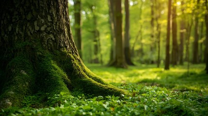 Beautiful Forest Landscape with Tree Trunk Moss and Green Grass Under Sunlight in Woodland Jungle.