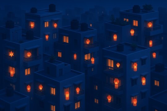 Isometric illustration of Indian apartment skyline at night with glowing akash kandil paper lanterns on balconies and rooftops, blue hour urban festival scene