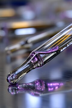 Ampolla de vidrio con l&iacute;quido violeta, cosm&eacute;tica facial y suero concentrado en macro
