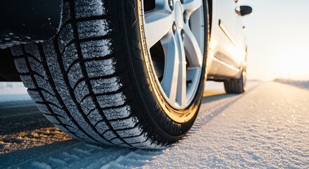 Close-up of car winter tire on snowy road at sunset