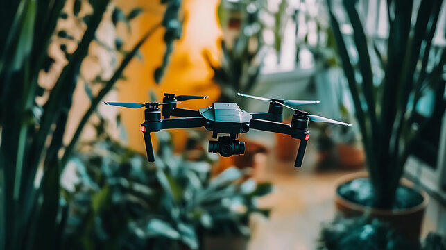 Drone Hovering Amidst Indoor Plants - Powered by Adobe