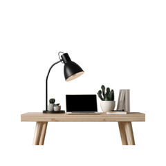 Minimalist Home Office Desk Setup with Laptop, Desk Lamp, and Cacti