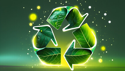 Green abstract background with glowing circles and eco symbols