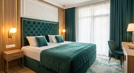Fototapeta premium Modern Luxurious Hotel Bedroom with Teal Upholstered Headboard and Elegant Decor