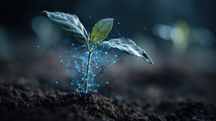 a young plant sprouts from the soil symbolizing growth and potential with a digital network overlay representing connectivity and innovation