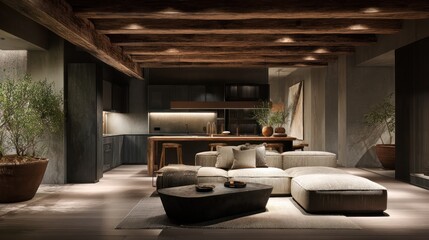 Stylish home interior featuring a modern living space with open-concept kitchen design