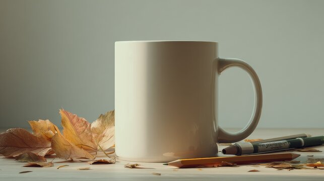 autumnal workspace minimalist white mug pencils soft light
