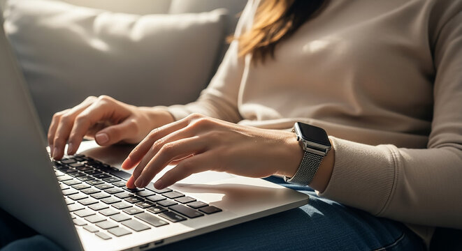 Woman working remotely from home on laptop with smartwatch - Powered by Adobe