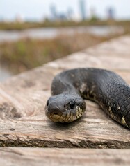 Fototapeta premium Snake on a wooden boardwalk