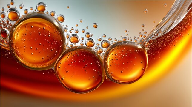 Burbujas de aceite &aacute;mbar en l&iacute;quido, macro abstracta de suero cosm&eacute;tico, serum &aacute;mbar, aceite esencial naranja, aceite skincare natural org&aacute;nico 