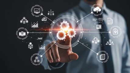 Businessman's hand activating digital interface, showcasing business process automation and data analysis - Powered by Adobe