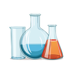 Lab Glassware Cartoon Illustration with Colorful Liquids, Research Supplies