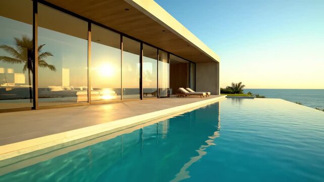 Luxury oceanfront villa with infinity pool at sunset offers a serene escape and modern architectural beauty for high-end travel promotions