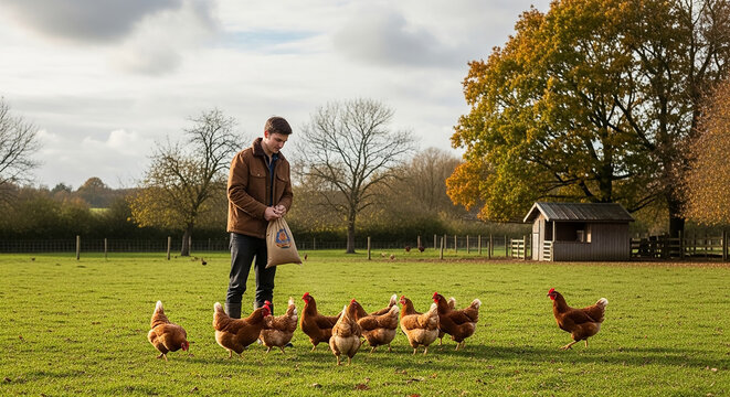Farmer feeding free range chickens on a farm in autumn