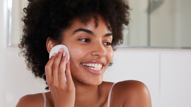 Rutina facial: mujer limpiando su rostro con disco de algod&oacute;n, Limpieza facial diaria para una piel, exfoliaci&oacute;n facial y bienestar natural, mujer sonriendo durante su rutina de skincare