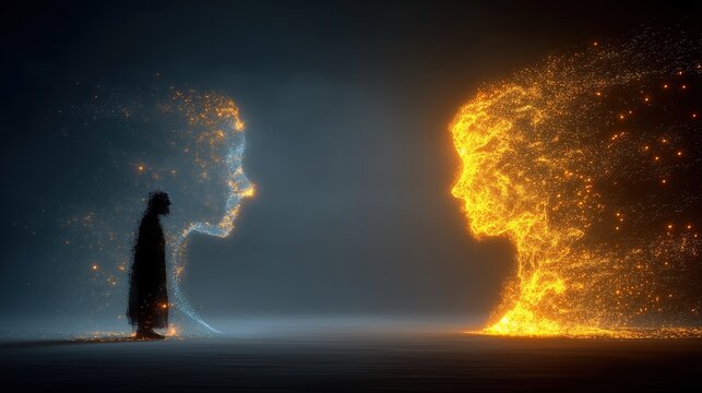 Abstract magnetic forces between two silhouettes, with glowing particles showing attraction.