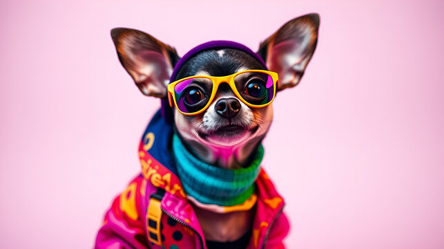 studio portrait of Chihuahua dog wearing colourful raver clubbing clothes