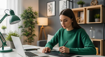 Focused female designer working from home using graphics tablet and laptop