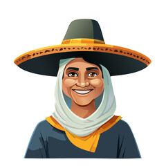 Smiling woman wearing a sombrero and scarf Cartoon style cheerful expression dark hair