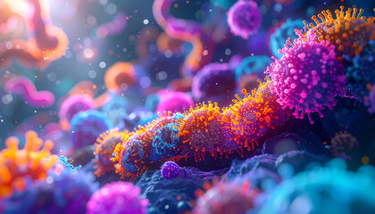 Naklejka premium A Vibrant Macro-Art of the Human Microbiome, Depicting Microorganisms as a Colorful and Luminous Alien Galaxy