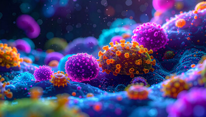 A Vibrant Macro-Art of the Human Microbiome, Depicting Microorganisms as a Colorful and Luminous Alien Galaxy