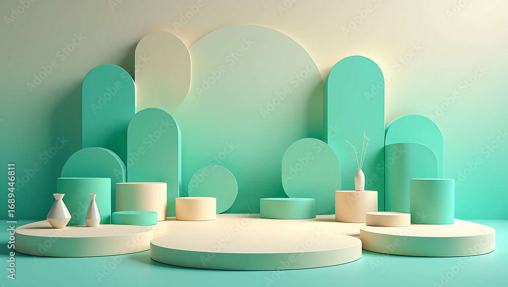 Poster abstract 3d scene with a collection of rounded and arched forms in pastel green and cream, arranged 
