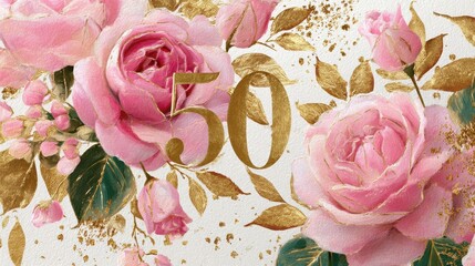 elegant 50th birthday card design featuring pink roses and golden accents