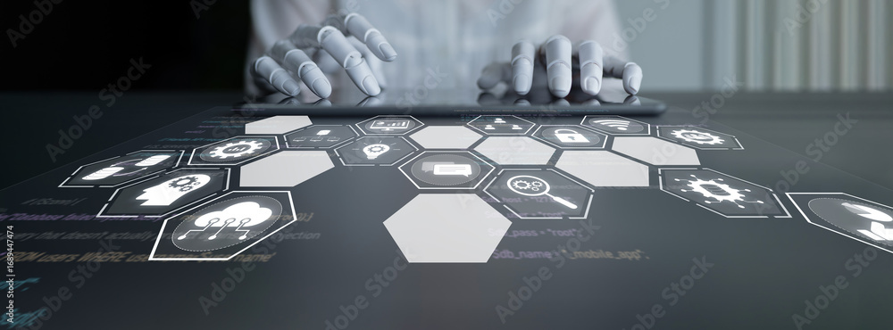Aufkleber ai managing integrated business system, analyzing data, securing digital infrastructure, connecting 