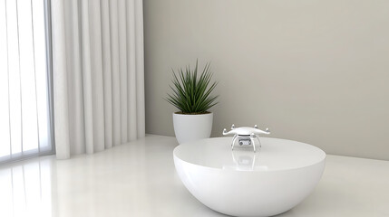 Minimalist Interior with Drone on Table and Potted Plant