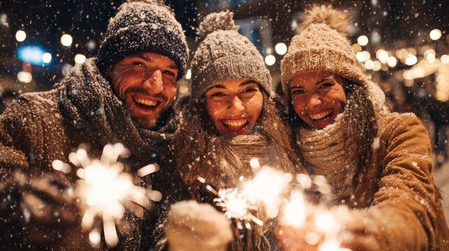 winter holidays and people concept  happy friends with sparklers celebrating christmas at home feast over snow no logos no brands ar 169 - Powered by Adobe