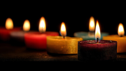 A Serene Row of Colorful Votive Candles Glowing in Darkness with a Textured Crimson Candle in Focus.