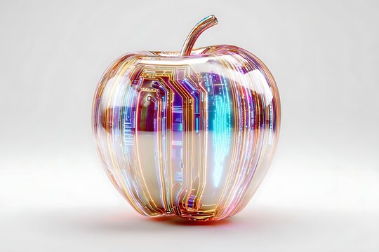 Stunning glass apple infused with vibrant glowing circuitry, symbolizing innovation and digital transformation in technology