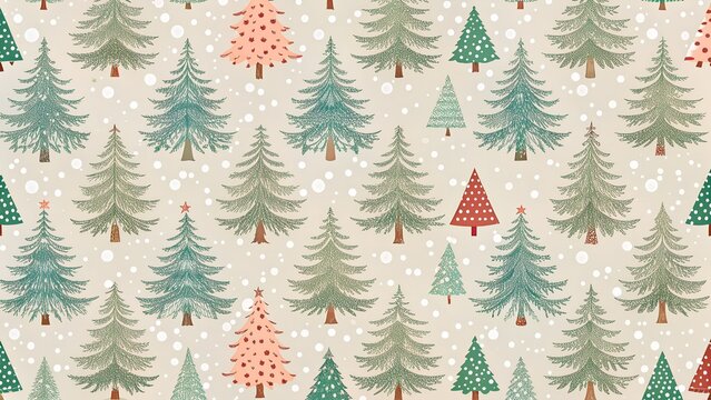 Seamless pattern of various stylized christmas trees in muted colors with falling snow, perfect for holiday backgrounds